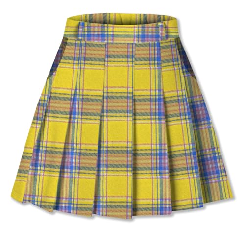 SANGTREE Damen Falten-Minirock mit bequemem, dehnbarem Band, Skaterrock, Größe XS - US 4XL, Gelb-blauer Plaid, X-Groß von SANGTREE