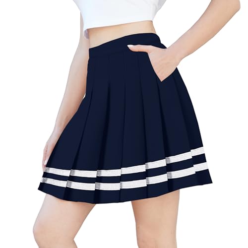 SANGTREE Damen Falten-Minirock mit bequemem, dehnbarem Band, Skaterrock, Größe XS - US 4XL, Marineblau gestreift, Klein von SANGTREE