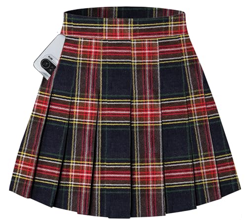SANGTREE Damen Falten-Minirock mit bequemem, dehnbarem Band, Skaterrock, Größe XS - US 4XL, Schwarz Rot kariert, X-Groß von SANGTREE