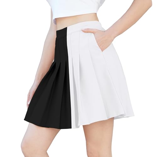 SANGTREE Damen Falten-Minirock mit bequemem, dehnbarem Band, Skaterrock, Größe XS - US 4XL, Schwarz Weiß, X-Groß von SANGTREE