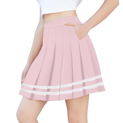 SANGTREE Mädchen/Damen, Übergröße, plissiert, Uniform, lässiger Skater-Tennisrock mit elastischem Bund und Taschen, Rosa mit weißem Band, 3X-Groß von SANGTREE