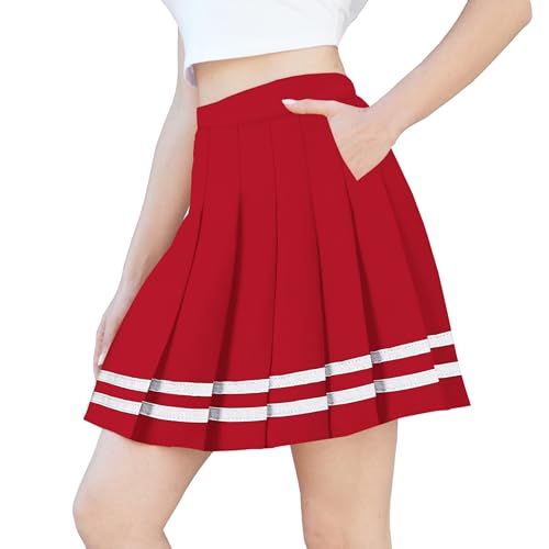 SANGTREE Damen Faltenrock Minirock mit bequemem lässigem dehnbarem Band Skaterrock US XS - US 4XL, Rot mit Streifen, Groß von SANGTREE