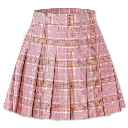 SANGTREE Damen Faltenrock Minirock mit bequemem lässigem dehnbarem Band Skaterrock US XS - US 4XL, pinkes Karomuster, Klein von SANGTREE