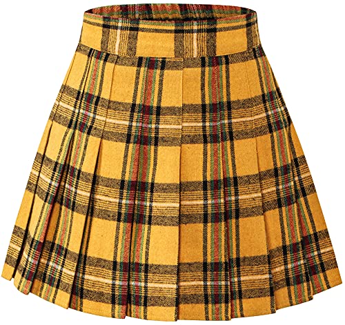 SANGTREE Damen Plissee Minirock mit bequemem, lässigem, dehnbarem Band, Skaterrock, US S - US 4XL, Gelber Karo, Groß von SANGTREE