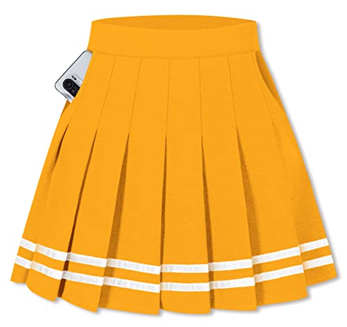 SANGTREE Damen Plissee Tennis Golf Kurz A-Linie Minirock mit Tasche Schuluniform A# Gold Gelb mit Streifen 2 Taschen US 4XL, Gold, Gelb von SANGTREE