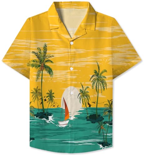 SANGTREE Kurzärmeliges Hawaii-Hemd, lässig, Blumenmuster, Aloha-Hemd, Papa und Sohn, passende Hawaii-Hemden, Segelboot, Gelb, 13-14 Jahre von SANGTREE