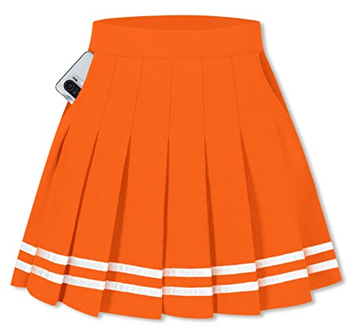 SANGTREE Mädchen Damen Faltenrock Elastische Taille Uniform Rock 2 Jahre - US 4XL, A# Orange mit Streifen, 2 Taschen, Mittel von SANGTREE