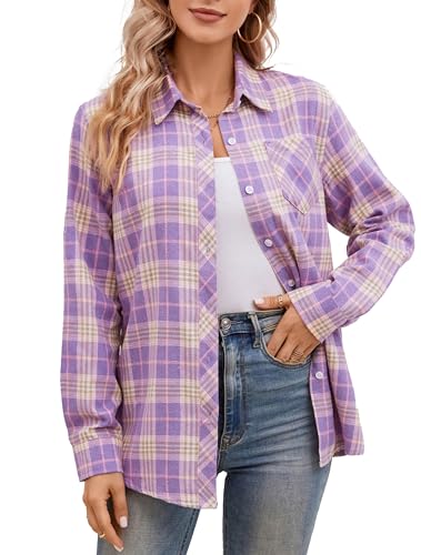 SANGTREE Mädchen Damen Langarm Flanell Plaid Hemd Button Down Baumwollhemden 3 Monate - US 2XL, Violett/Beige, Mittel von SANGTREE