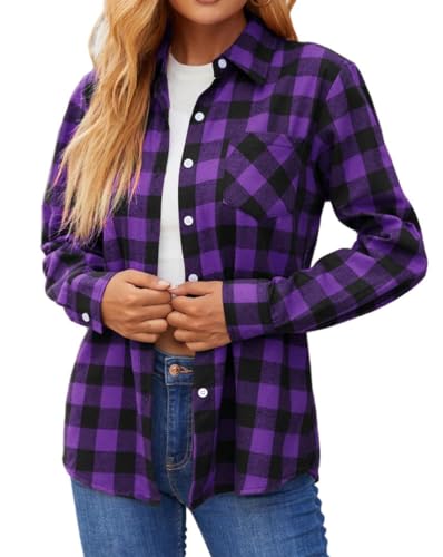 SANGTREE Mädchen & Damen Button Down Shirts Langarm Flanellhemd, 1# Lila Plaid, Mittel von SANGTREE