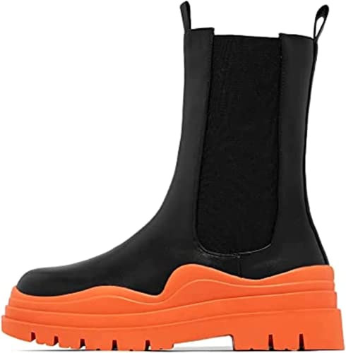 SANIOOOI Chelsea-Stiefelette für Damen, modisch, mittelhoch, klobig, doppelter Absatz, runde Zehenpartie, zum Reinschlüpfen, dicke Sohle, Orange/Abendrot im Zickzackmuster (Sunset Chevron), 40.5 EU von SANIOOOI