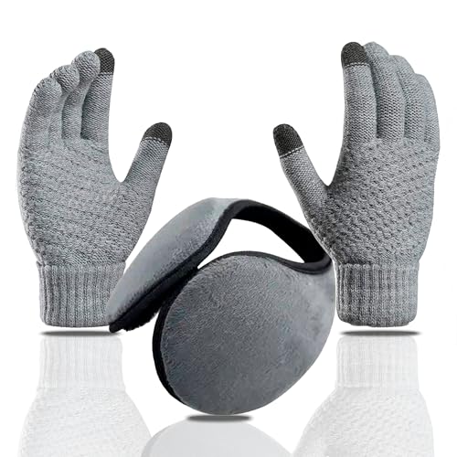 SANKRO Winterhandschuhe für Damen und Herren + kalte Ohrenschützer, Thermo-Handschuhe, Touchscreen, elastische Strickhandschuhe mit warmem Futter, thermische Winterhandschuhe - zum Laufen (Grau) von SANKRO