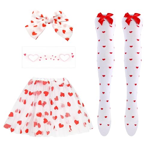 SANLIUSANJIU Karneval Damen Herzchen Tüllrock Set, Valentinstag Weiß Tütü mit Schleife Liebe Haarspange, Herz Kniestrümpfe, Face Art Sticker Herzen, für Fasching Karneval Erwachsener Partykostüm von SANLIUSANJIU
