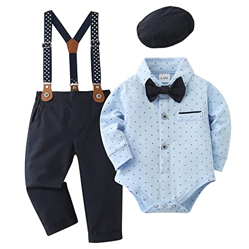 SANMIO Baby Jungen Bekleidung Set, 4pcs Gentlemen Romper Outfits + Suspender Pants + Beret Hat + Bowtie, Hochzeit Taufe Formal Anzug Blau, 18-24 Monate von SANMIO