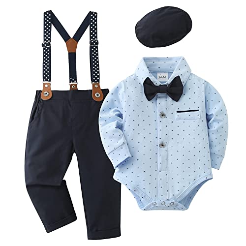 SANMIO Baby Jungen Bekleidung Set, 4pcs Gentlemen Romper Outfits + Suspender Pants + Beret Hat + Bowtie, Hochzeit Taufe Formal Anzug Blau, 3-6 Monate von SANMIO
