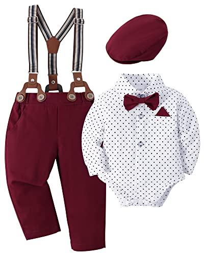 SANMIO Baby Jungen Bekleidung Set, 4pcs Gentlemen Romper Outfits + Suspender Pants + Beret Hat + Bowtie, Hochzeit Taufe Formal Anzug Rot, 0-3 Monate von SANMIO