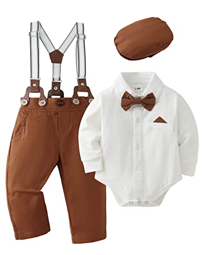 SANMIO Baby Jungen Bekleidung Set, 4pcs Gentlemen Romper Outfits + Suspender Pants + Beret Hat + Bowtie, Hochzeit Taufe Formal Anzug Weiß, 12-18 Monate von SANMIO