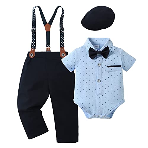 SANMIO Baby Jungen Bekleidung Set, 4pcs Gentlemen Romper Outfits + Suspender Pants + Beret Hat + Bowtie, Hochzeit Taufe Formal Anzug Kurzarm Blau, 0-3 Monate von SANMIO