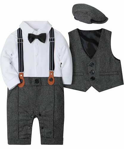 SANMIO Baby Jungen Bekleidung Set, Taufe Junge 3tlg with Fliege + Weste + Hut Gentleman Langarm Anzug Outfit für Festlich Geburtstag Hochzeit, 3-6 Monate(Körpergröße 60), Grau von SANMIO