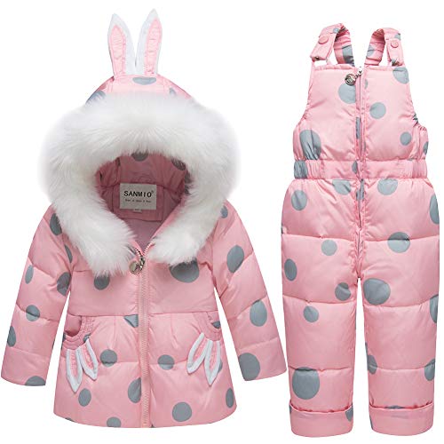 SANMIO Baby Mädchen Winterjacke Warm Schneeanzug Daunenjacke Skianzug Süß Schneeanzug Mit Kapuze + Schneelatzhose Down Jacket 2tlg Bekleidungsset Verdickte Rosa, 18-24 Monate von SANMIO