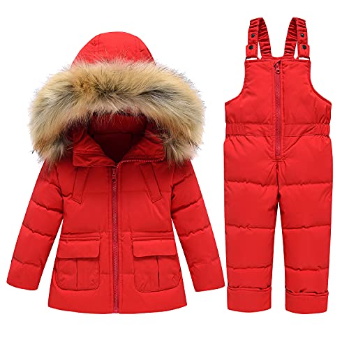 SANMIO Baby Mädchen Jungen Daunenjacke Bekleidungsset Kinder Verdickte Künstliches Fell Winterjacke + Winterhose Kleinkind Daunenhose Kinderskianzug Rot, Label 80/12-18 Monate von SANMIO