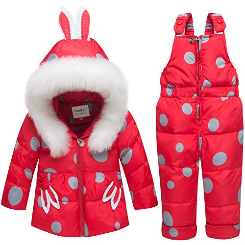 SANMIO Baby Mädchen Winterjacke Warm Schneeanzug Daunenjacke Skianzug Süß Schneeanzug Mit Kapuze + Schneelatzhose Down Jacket 2tlg Bekleidungsset Verdickte Rot, 12-18 Monate von SANMIO