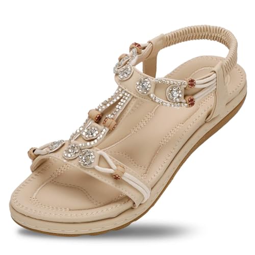 SANMIO Damen Sandalen Flach Sommerschuhe PU Leder Bohemia Sandalen Zehentrenner Stil 1 Aprikose 39 EU von SANMIO