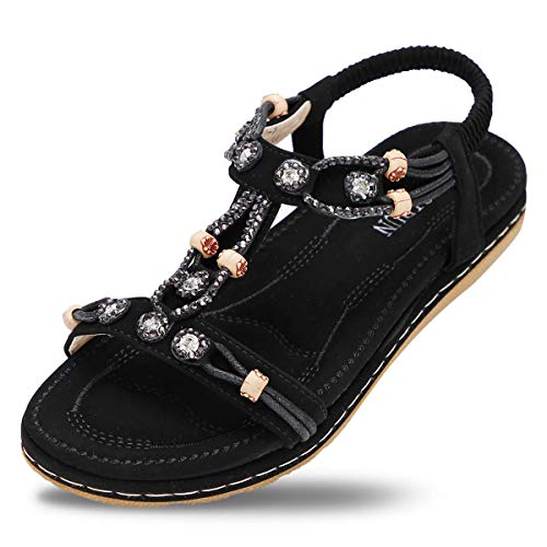 SANMIO Damen Sandalen Flach Sommerschuhe PU Leder Bohemia Sandalen Zehentrenner Stil 1 Schwarz 36 EU von SANMIO