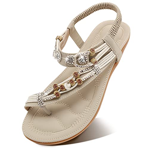 SANMIO Damen Sandalen Bohemian Strass Flach Sandaletten Sommer PU Leder Zehentrenner, Beige-2, Gr.-37 EU/Herstellergröße- 38 von SANMIO