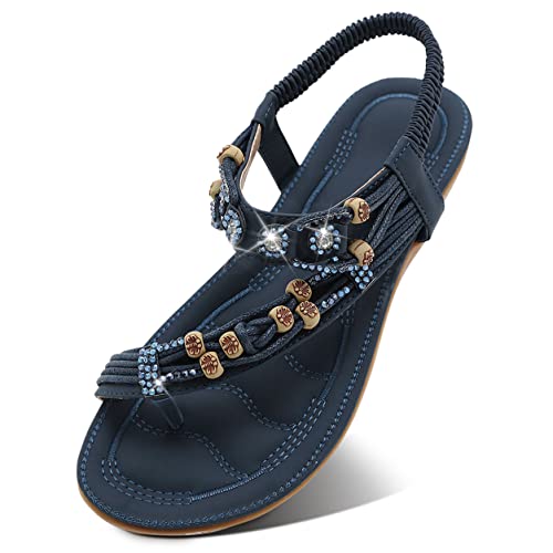 SANMIO Damen Sandalen Bohemian Strass Flach Sandaletten Sommer PU Leder Zehentrenner, Blau-2, Gr.-36 EU/Herstellergröße- 37 von SANMIO