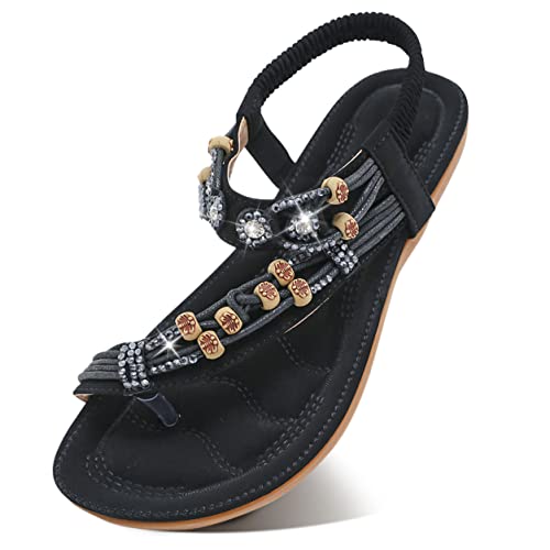 SANMIO Damen Sandalen Bohemian Strass Flach Sandaletten Sommer PU Leder Zehentrenner, Schwarz-2, Gr.-37 EU/Herstellergröße- 38 von SANMIO