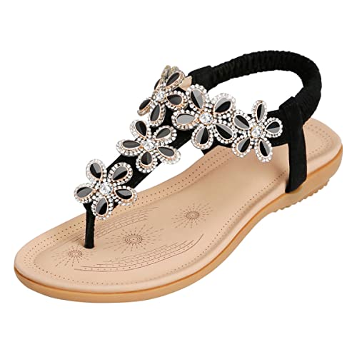 SANMIO Damen Sandalen Flach Sommerschuhe PU Leder Bohemia Sandalen Zehentrenner Stil 2 Schwarz 38 EU von SANMIO