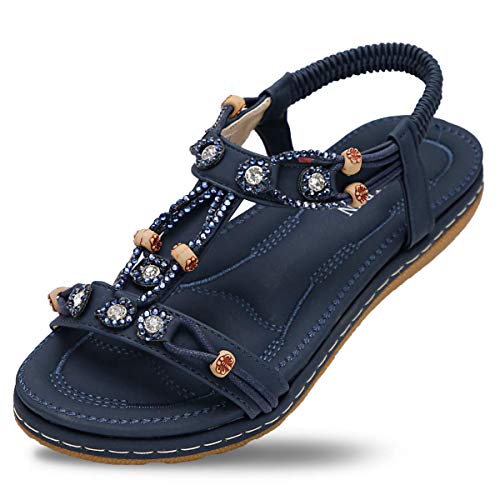 SANMIO Damen Sandalen Flach Sommerschuhe PU Leder Bohemia Sandalen Zehentrenner Stil 1 Blau 37 EU von SANMIO