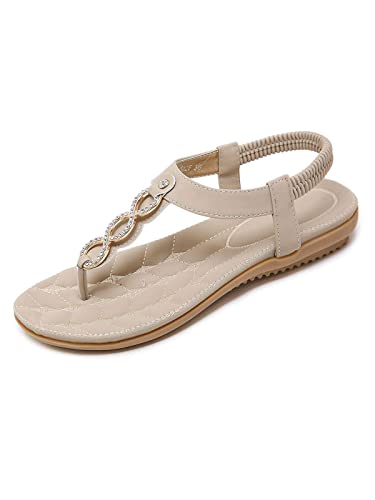 SANMIO Damen Sandals, Frauen Sandalen Sommer Bohemian Strass Flach Sandaletten PU Leder Zehentrenner, Beige, 36 EU von SANMIO