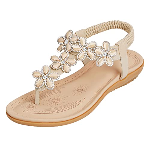 SANMIO Damen Sandals Bohemian Strass Flach Sandaletten PU Leder Zehentrenner, Beige-a, Gr.- 38 EU von SANMIO