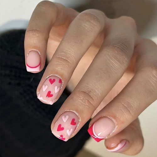 24 Stück Press On Nails Kurze Französische Spitze Quadratische Form Falsche Nägel Valentines Nails Vollständige Abdeckungen Acrylnägel Für Frauen Mädchen von SANRLO