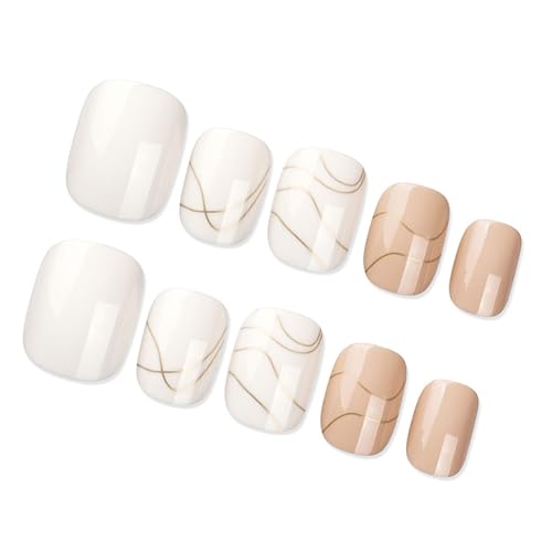 24 Stück Quadratische Kunstnägel Für Damen Mit Französischer Spitze Und Goldenen Liniendesigns Einfaches Einfaches Aufdrücken Der Nägel Für Partys Und Den Alltag von SANRLO