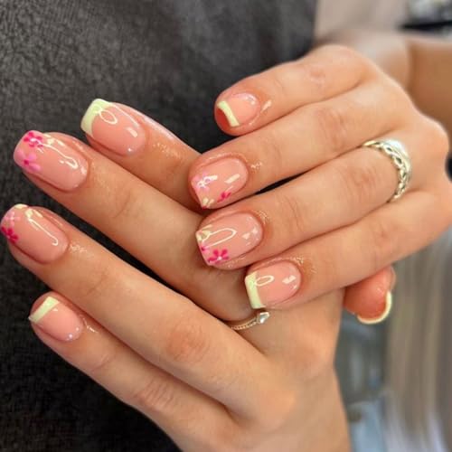 24 quadratische Nägel zum Aufdrücken, glänzende Designs, französische künstliche Nägel, Acryl, künstliche Nägel, zum Aufkleben auf Nägel, für Damen von SANRLO