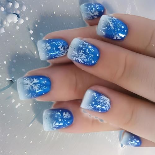 Kurze quadratische künstliche Fingernägel, Schneeflocke, blau, volle Abdeckung, zum Aufkleben, Weihnachten, zum Aufdrücken der Nägel für Frauen von SANRLO