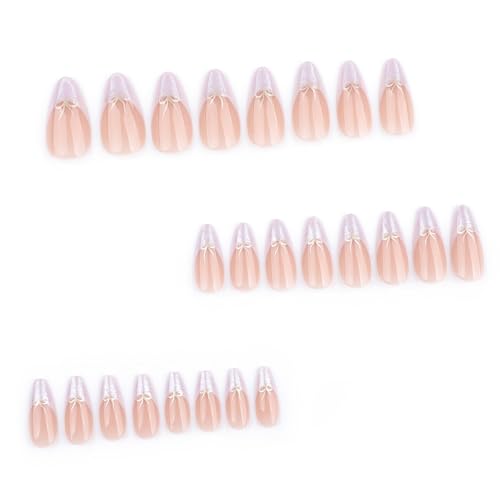 Packung Mit 24 Nägeln Zum Aufdrücken Mit Schleifen Und Schimmernden Spitzendesigns. Mittellange Künstliche Nägel Mit Französischer Spitze In Mandelform Für Frauen Packung Mit 24 Nägeln Zum Aufdrücken Mit Schleifen Und Schimmernden Spitzendesigns. Mittellange Künstliche Nägel Mit Französischer Spitze In Mandelform Für Frauen von SANRLO
