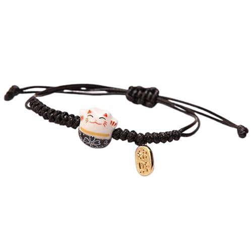 SANRLO Armband, niedliches Maneki-Neko-Katzen-Armband, handgefertigter Keramikschmuck, verstellbare, bunte Perlenarmbänder für Damen und Mädchen, Size reference picture, Baumwollseil von SANRLO