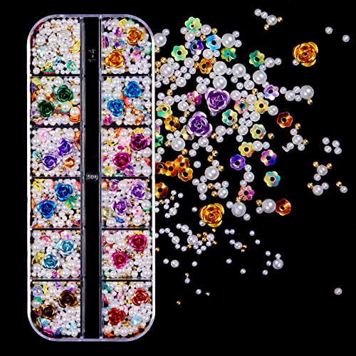 SANRLO Maniküre-Set, Blumen-Nagel-Strasssteine, gemischte bunte Nagelkunst, künstliche Perlen, Kristall, Metall-Charms, 3D-Nagelkunst-Schmuckanhänger von SANRLO