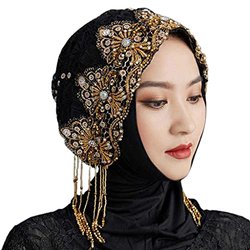 SANRLO Stirnbänder, Haar-Accessoires für Damen, Hijab für Damen, modisch, mit Perlen, leicht, islamisches Gebet, Bandana, Spitze, gestrickt, Turbanmütze, dehnbar, für Kopfschmuck von SANRLO