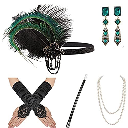 SANRLO Stirnbänder, Haar-Accessoires für Damen, Vintage-Stil, 1920er-Jahre, Flapper Gatsby, Kostümzubehör-Set, Feder-Stirnband, Halskette, Ohrringe für 20er-Jahre Cocktail-Party von SANRLO