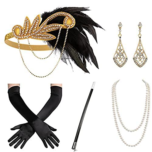 SANRLO Stirnbänder, Haar-Accessoires für Damen, Vintage-Stil, 1920er-Jahre, Flapper Gatsby, Kostümzubehör-Set, Feder-Stirnband, Halskette, Ohrringe für 20er-Jahre Cocktail-Party von SANRLO