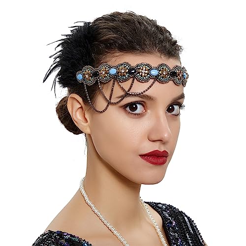 SANRLO Stirnbänder, Haarschmuck für Damen, Bohemia-Stil, Haarband mit Federn und farbigen Perlen, Dekor, ethnischer Stil, elastisches Stirnband für Mädchen, Festival, Halloween, Party von SANRLO