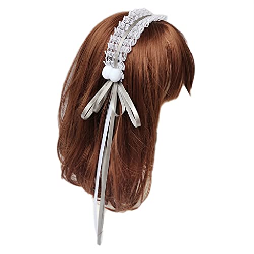 SANRLO Stirnbänder, Haarschmuck für Damen, Mädchen, Rüschen, Spitze, Stirnband, lang mit Schleife, pelziger Ball, Haarreif, wunderschönes langes Band, süßes Anime-Cosplay-Zubehör von SANRLO