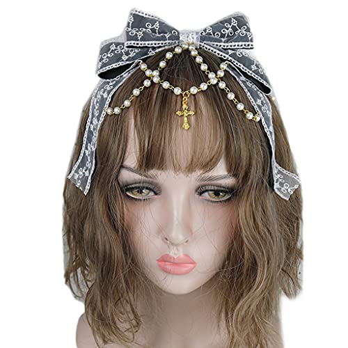 SANRLO Stirnbänder, Haarschmuck für Damen, Spitzenschleifen, Kopfschmuck, mehrschichtige Spitzenschleife mit Perlenkette, große Schleife, Stirnband, Dienstmädchen, Anime-Haarschmuck von SANRLO