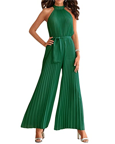 Damen Ärmellos Neckholder Weites Bein Jumpsuit Solid Open Back Plissee Einteiler Lose Spielanzug Hohe Taille Strampler DressyOveralls mit Gürtel, A-grün, 36 von SANSIWU