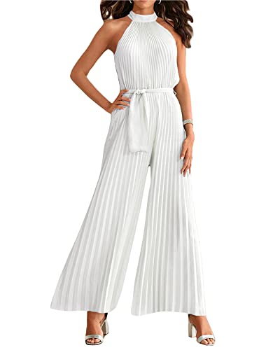 Damen Jumpsuit ärmellos, Neckholder, weites Bein, einfarbig, offener Rücken, plissiert, einteilig, lockerer Spielanzug, hohe Taille, eleganter Overall mit Gürtel, A-weiß, L von SANSIWU