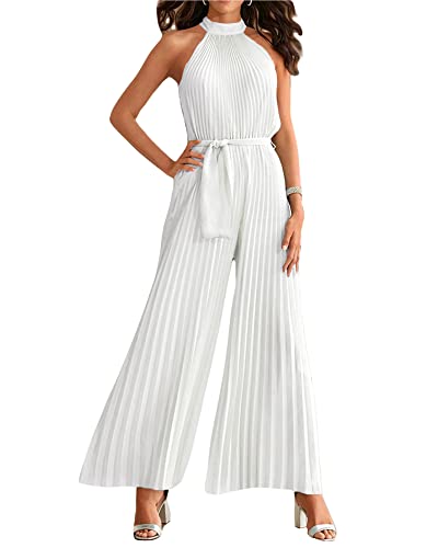 Damen Ärmellos Neckholder Weites Bein Jumpsuit Solid Open Back Plissee Einteiler Lose Spielanzug Hohe Taille Strampler DressyOveralls mit Gürtel, A-weiß, 48 von SANSIWU